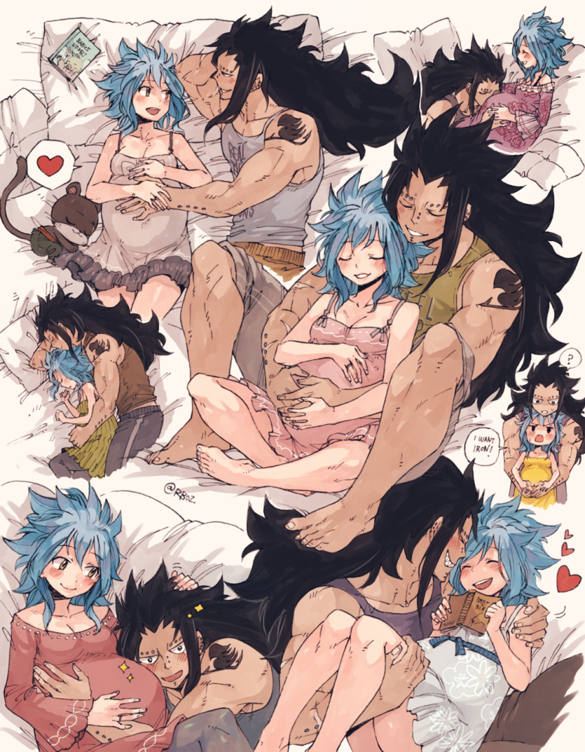 1boy 1girl arm_tattoo bed black_hair blue_hair blush breasts cleavage fairy_tail gajeel_redfox heart highres hug levy_mcgarden pantherlily pregnant rusky sequential sleeping smile spiky_hair spoken_heart spooning tattoo