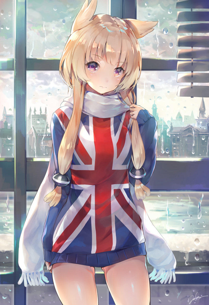 1girl alternate_costume animal_ears azur_lane backlighting blonde_hair blush building cityscape clothes_tug clouds cloudy_sky day deecha dress eyebrows_visible_through_hair flag_print fringe hair_tubes head_tilt highres indoors light_frown long_hair long_sleeves looking_at_viewer low-tied_long_hair playing_with_own_hair scarf shiny shiny_hair shutter sidelocks signature sky sleeves_past_wrists solo sunlight sweater sweater_dress sweater_tug thighs union_jack violet_eyes warspite_(azur_lane) water water_drop white_scarf window