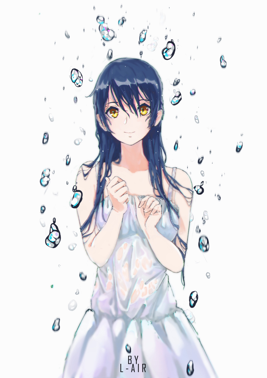 1girl absurdres bare_shoulders blue_hair bubble cowboy_shot dress hair_between_eyes highres l-air long_hair looking_at_viewer love_live! love_live!_school_idol_project simple_background smile solo sonoda_umi text wet wet_clothes white_background white_dress yellow_eyes