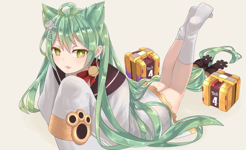 1girl :3 absurdres ahoge akashi_(azur_lane) animal_ears azur_lane bangs bell black_bow blush bow cat_ears commentary_request dress eyebrows_visible_through_hair green_hair hair_between_eyes hair_bow hair_ornament hand_up highres jingle_bell kneehighs long_hair long_sleeves looking_at_viewer low-tied_long_hair lying no_shoes on_stomach open_mouth parted_bangs paw_pose paw_print raised_eyebrows red_bow sanba_tsui simple_background sleeve_cuffs sleeves_past_wrists solo very_long_hair white_background white_legwear white_pupils yellow_eyes