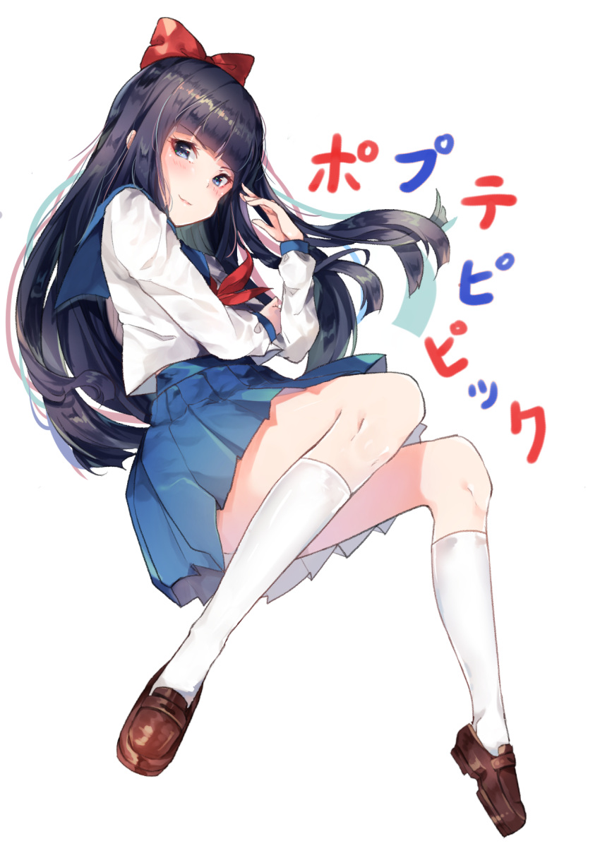 1girl bangs black_hair blouse blue_eyes blue_sailor_collar blue_skirt blunt_bangs blush bow brown_footwear commentary_request copyright_name full_body hair_bow highres kneehighs loafers long_hair long_sleeves looking_at_viewer pipimi pleated_skirt poptepipic red_bow rokku sailor_collar school_uniform serafuku shirt shoes simple_background skirt white_background white_legwear white_shirt