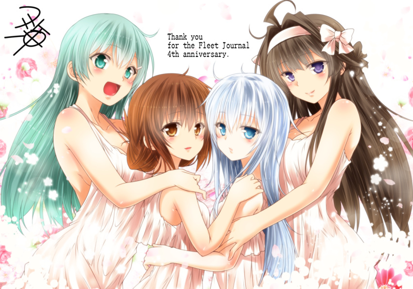 4girls :d ahoge alternate_costume black_hair blue_eyes breasts brown_eyes brown_hair cleavage commentary_request double_bun dress engrish folded_ponytail green_eyes green_hair hair_ornament hairband hairclip height_difference hibiki_(kantai_collection) hug hug_from_behind inazuma_(kantai_collection) kantai_collection kongou_(kantai_collection) long_hair looking_at_viewer multiple_girls open_mouth petals ranguage signature smile suzuya_(kantai_collection) violet_eyes white_dress white_hair yua_(checkmate)
