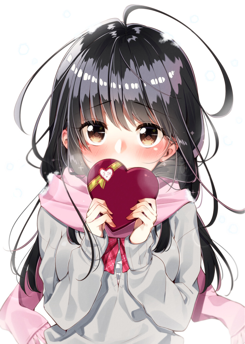 1girl bangs black_hair blush breath brown_eyes commentary_request covering_mouth gift grey_sweater heart-shaped_box highres holding holding_gift long_hair long_sleeves original pink_scarf red_neckwear sakuragi_ren scarf snowing solo upper_body valentine white_background