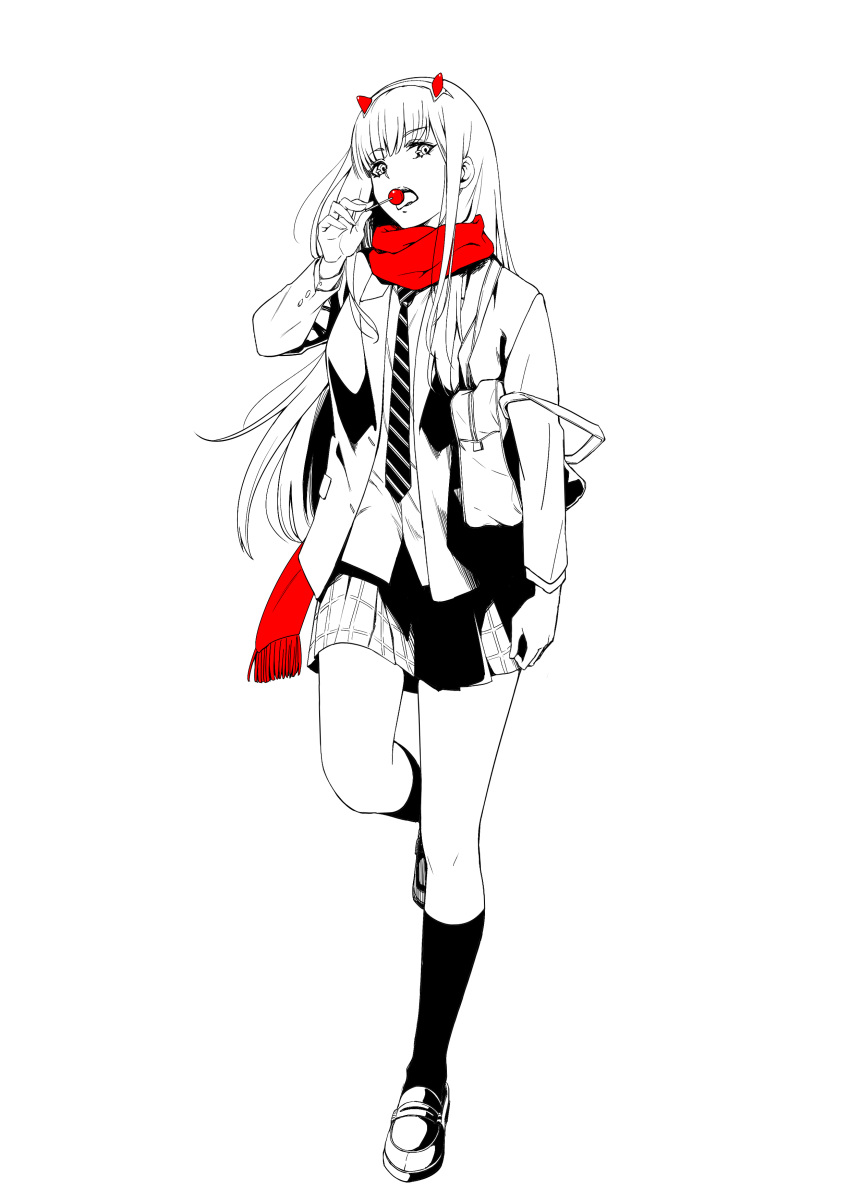 1girl absurdres arm_at_side bag black_legwear candy darling_in_the_franxx food full_body hairband highres horns licking loafers lollipop long_hair looking_at_viewer monochrome necktie opyonn plaid plaid_skirt red_scarf scarf school_uniform shirt shoes shoulder_bag skirt socks spot_color standing walking white_background white_shirt zero_two_(darling_in_the_franxx)