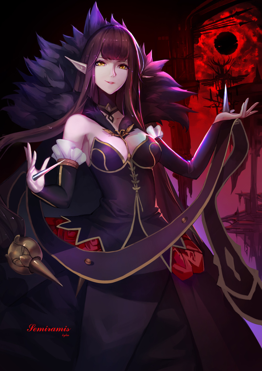 1girl absurdres bare_shoulders black_dress breasts character_name cleavage cowboy_shot detached_sleeves dress fate/grand_order fate_(series) fur_collar highres long_dress long_hair looking_at_viewer pointy_ears purple_hair semiramis_(fate) smile standing w_arms yellow_eyes yun_lin