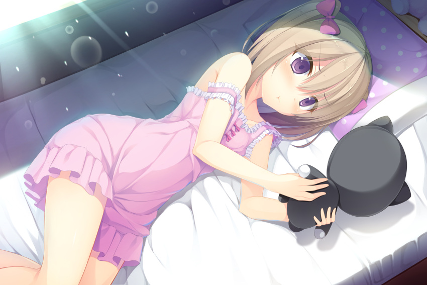 1girl bare_shoulders bed_sheet bow brown_hair commentary_request dress hair_between_eyes hair_bow highres indoors lying on_side original pillow pink_dress shinigami_(tukiyomiikuto) stuffed_toy violet_eyes