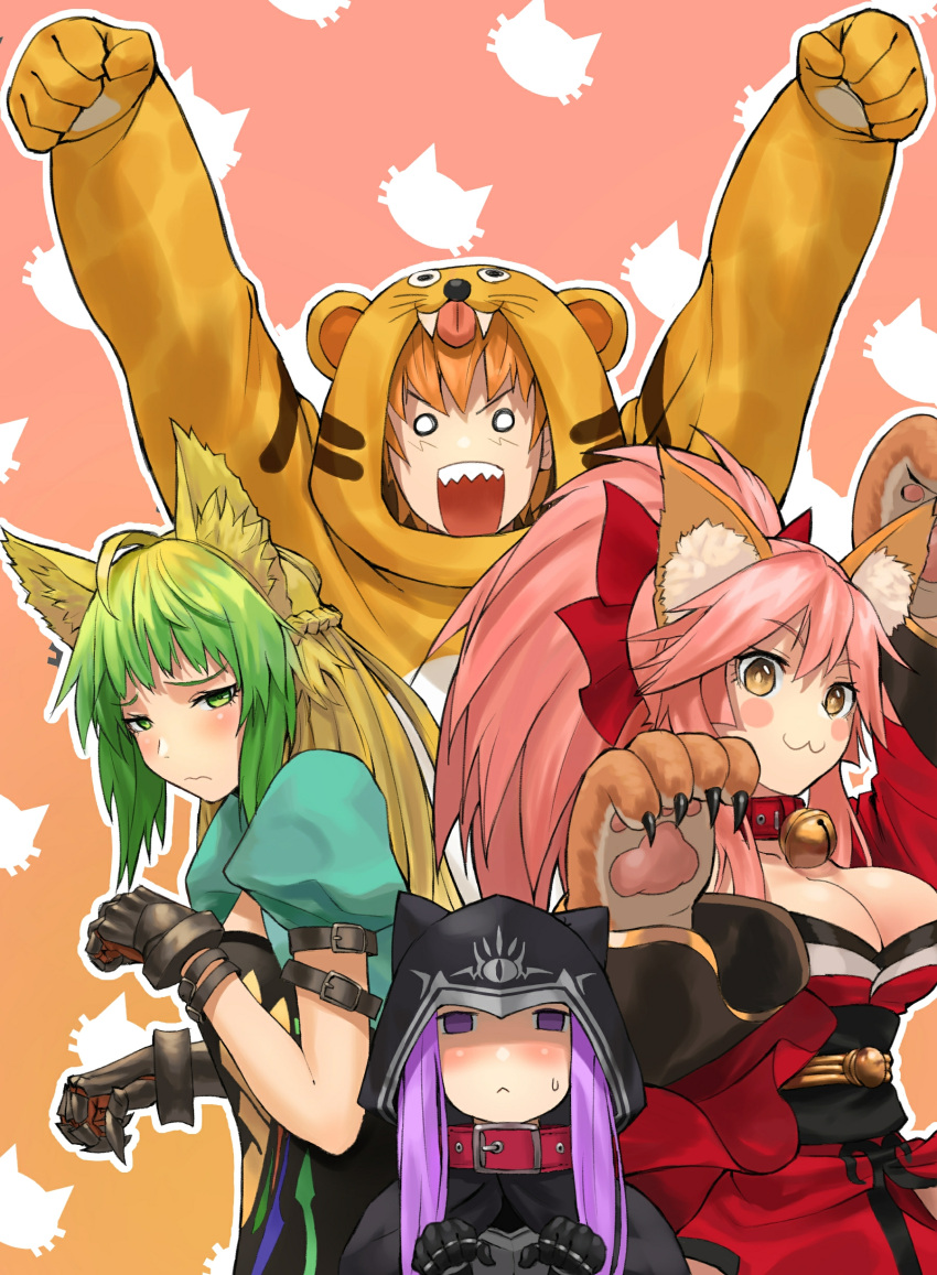 4girls :&lt; :3 absurdres animal_ears atalanta_(fate) bare_shoulders blush blush_stickers bow breasts cat_day cat_ears cleavage collar collarbone commentary_request detached_sleeves embarrassed eyebrows_visible_through_hair fate/grand_order fate_(series) fox_ears fox_tail fujimura_taiga gloves green_hair hair_bow hair_ribbon highres hood jaguarman_(fate/grand_order) japanese_clothes large_breasts long_hair looking_at_viewer medusa_(lancer)_(fate) multicolored_hair multiple_girls o_o open_mouth paw_gloves paw_pose paws pink_hair purple_hair red_ribbon ribbon rider short_hair small_breasts tail tamamo_(fate)_(all) tamamo_cat_(fate) two-tone_hair very_long_hair violet_eyes yellow_eyes zonotaida