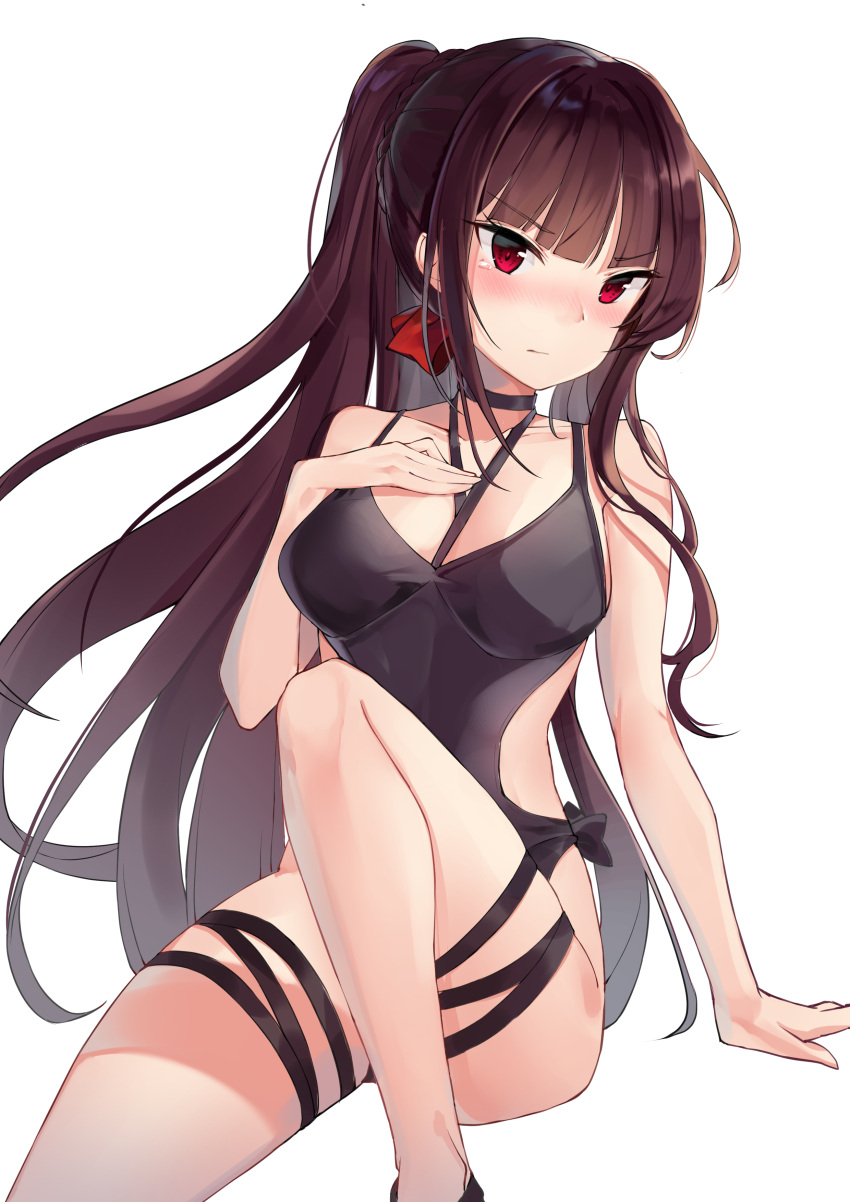 1girl absurdres bada_(jksh5056) black_swimsuit blush brown_hair casual_one-piece_swimsuit chocolate_hair cowboy_shot girls_frontline highres invisible_chair long_hair looking_at_viewer one-piece_swimsuit ponytail red_eyes simple_background sitting solo swimsuit wa2000_(girls_frontline) white_background