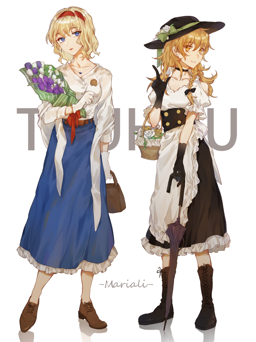 2girls adapted_costume alice_margatroid apron bag basket belt blonde_hair blue_eyes boots bouquet bow braid choker earrings flower gloves hair_bow hair_ribbon hat highres jewelry kirisame_marisa long_hair looking_at_viewer meng_ziya multiple_girls necklace ribbon short_hair skirt touhou umbrella witch_hat yellow_eyes