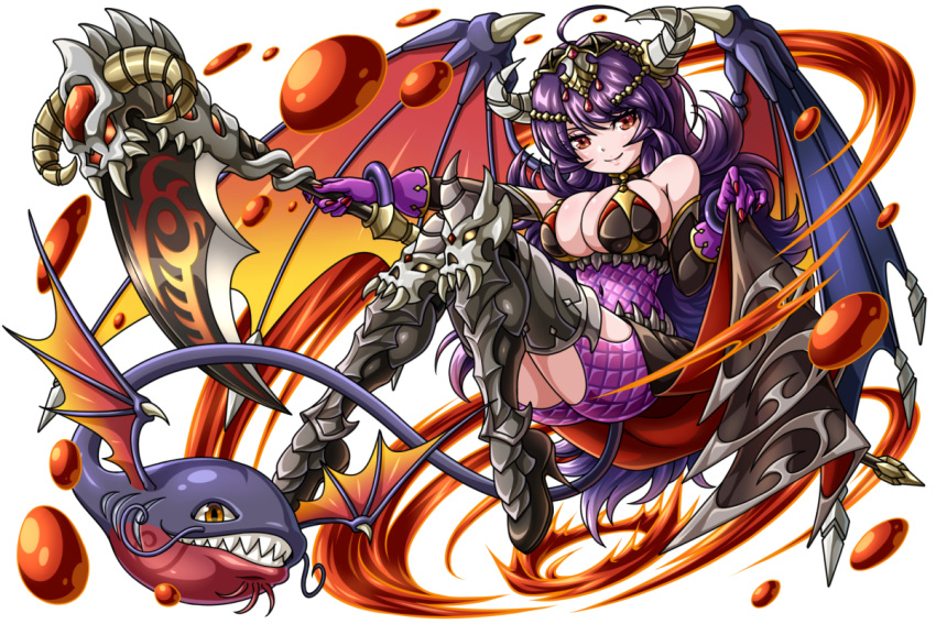 1girl armor bare_shoulders breasts brown_eyes claws covered_navel dragon_egg dragon_wings elbow_gloves full_body gloves horns knees_together_feet_apart large_breasts long_hair looking_at_viewer nail_polish purple_gloves purple_hair red_nails ryou_(pix_gallerio) scales scythe smile tail wings