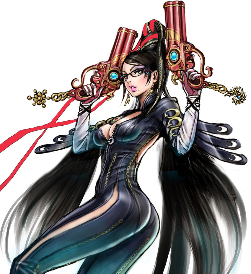 1girl amulet ass bayonetta bayonetta_(character) black_hair blue_eyes bodysuit breasts cleavage commentary_request dual_wielding earrings elbow_gloves eyeshadow feet_out_of_frame female glasses gloves gun hair_ribbon handgun highres holding holding_gun holding_weapon jewelry lips lipstick long_hair makeup medium_breasts mole mole_under_mouth parted_lips ribbon simple_background skin_tight solo very_long_hair weapon white_background yamashita_shun'ya zipper