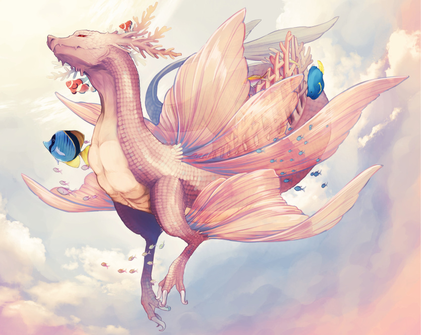 clouds clownfish dragon fish fukeda_chiho highres no_humans original outdoors red_eyes school_of_fish tropical_fish