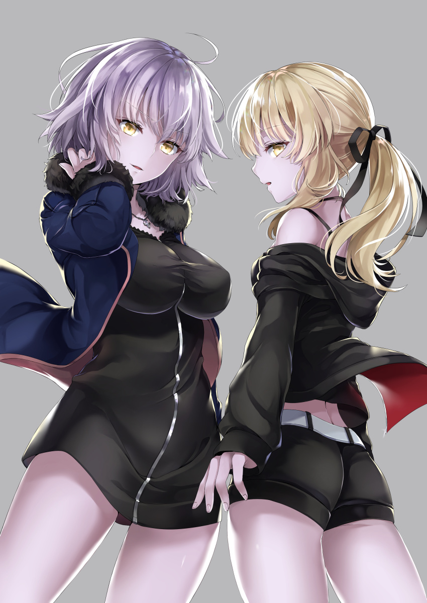 2girls absurdres artoria_pendragon_(all) ass belt black_dress black_jacket black_ribbon black_shorts blonde_hair blue_jacket breasts commentary_request cowboy_shot dress erect_nipples fate/grand_order fate_(series) from_below fur_trim grey_background hair_ribbon hand_in_hair hane_yuki highres jacket jeanne_d'arc_(alter)_(fate) jeanne_d'arc_(fate)_(all) jewelry large_breasts long_hair looking_at_viewer looking_back multiple_girls necklace off_shoulder open_clothes open_jacket open_mouth ponytail ribbon saber_alter short_dress short_shorts shorts silver_hair standing wicked_dragon_witch_ver._shinjuku_1999 yellow_eyes