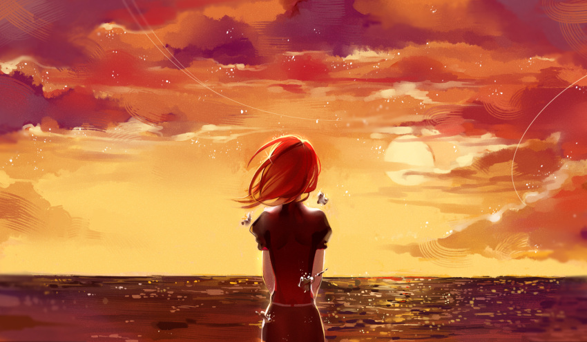 androgynous back clouds gem_uniform_(houseki_no_kuni) highres houseki_no_kuni longyu mercury ocean orange_sky redhead scenery shinsha_(houseki_no_kuni) short_hair sky solo sunset twilight water