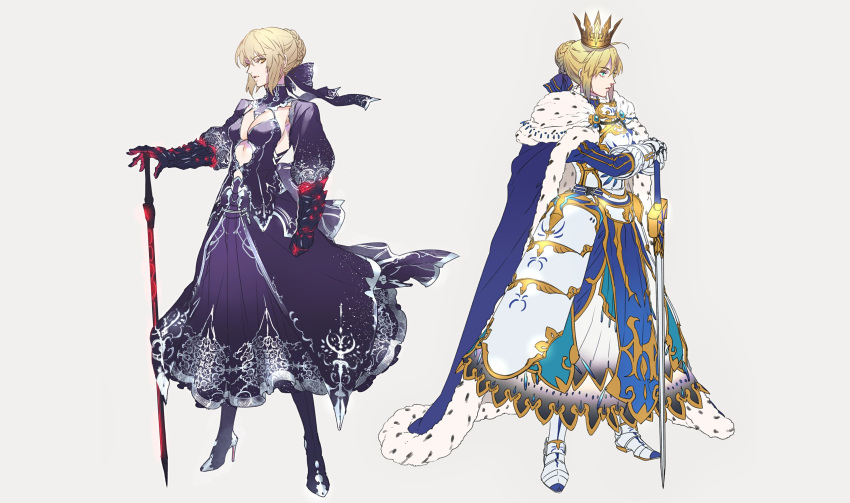 1girl armor armored_dress artoria_pendragon_(all) bangs blonde_hair blue_dress blue_ribbon boots braid breasts cape clenched_hand commentary_request crossed_arms dark_excalibur dress ears_visible_through_hair eyebrows_visible_through_hair facing_to_the_side fate/stay_night fate_(series) full_body gauntlets greaves green_eyes grey_background hair_between_eyes hair_bun hair_ribbon hand_on_hilt hands_on_hilt high_heel_boots high_heels highres legs_apart looking_at_viewer medium_breasts multicolored multicolored_cape multicolored_clothes multicolored_footwear multiple_views parted_lips puffy_sleeves ribbon saber simple_background solo standing sword weapon white_background yellow_eyes yosi135