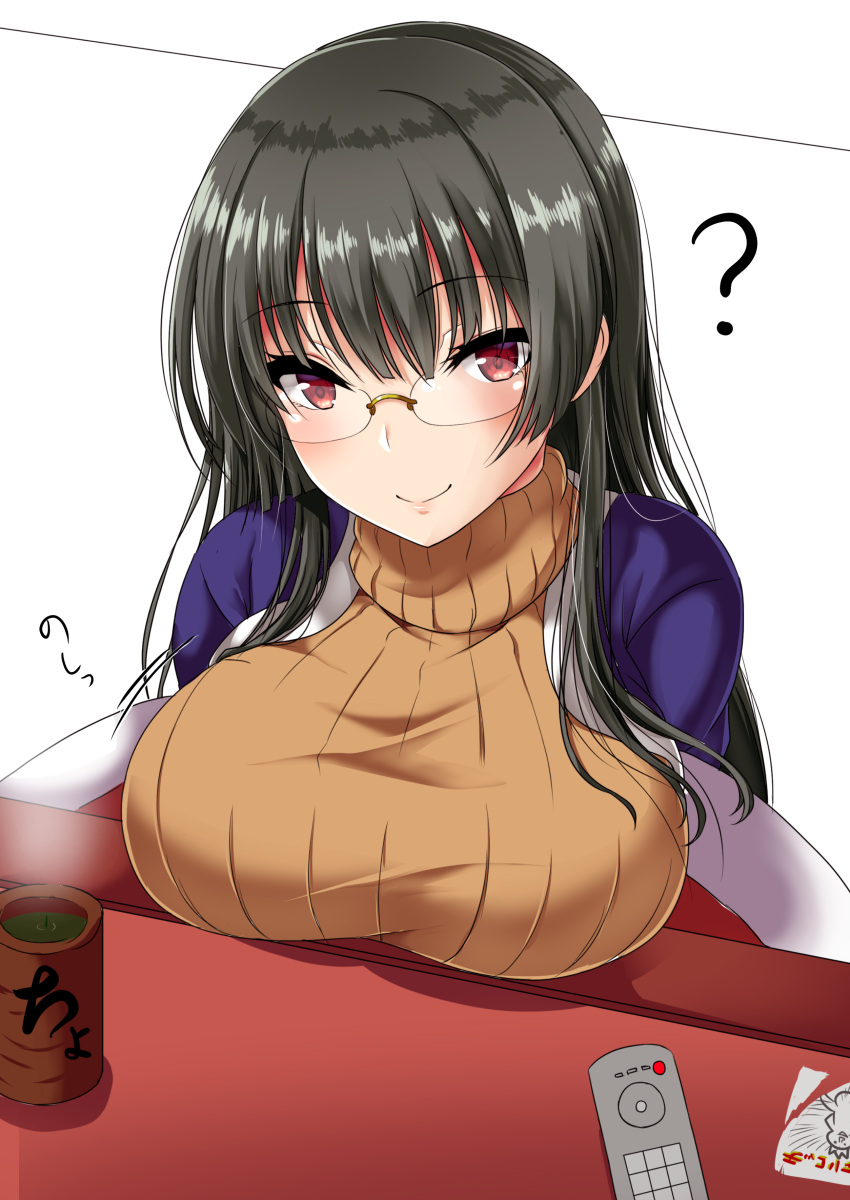 1girl ? absurdres alternate_costume ar_(lover_boy) black_hair blush breast_rest breasts choukai_(kantai_collection) closed_mouth commentary_request controller glasses highres kantai_collection kotatsu large_breasts long_hair looking_at_viewer red_eyes remote_control rimless_eyewear smile solo table under_kotatsu under_table