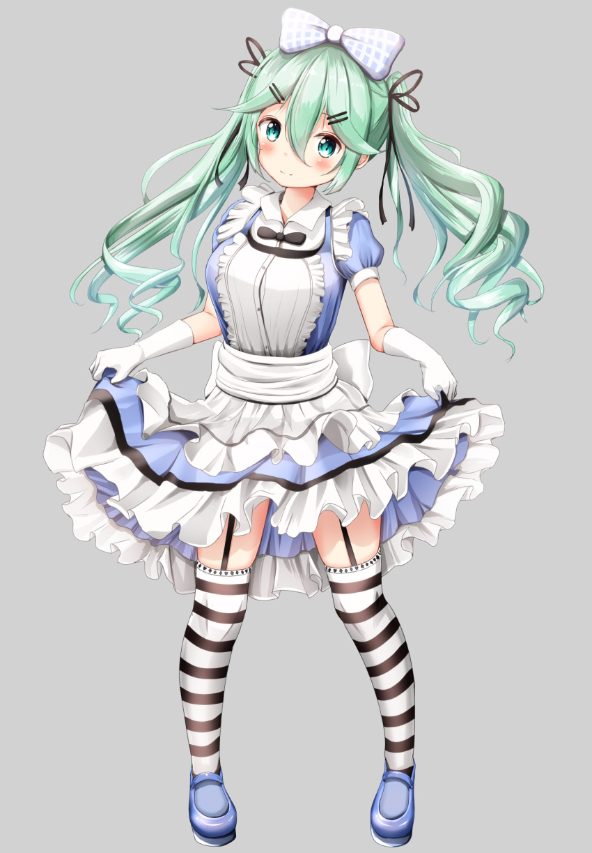 1girl alternate_costume alternate_hairstyle blush bow commentary_request frilled_skirt frills full_body garter_belt gloves green_eyes green_hair hair_between_eyes hair_bow hair_ornament hair_ribbon hairclip highres kantai_collection lolita_fashion looking_at_viewer mary_janes mochiyuki ribbon shoes simple_background skirt skirt_lift smile solo striped striped_legwear twintails white_gloves yamakaze_(kantai_collection)