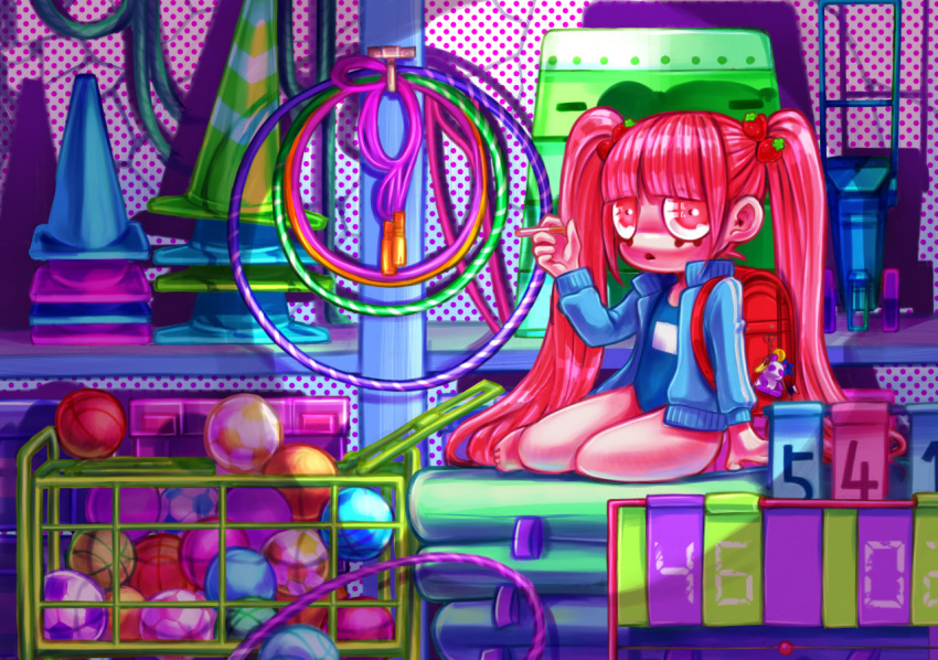 1girl backpack cigarette feet gym_storeroom indoors jumprope long_hair natoyuka open_mouth original pink_eyes pink_hair polka_dot polka_dot_background side_ponytail soccer_ball solo spotlight strawberry strawberry_hair_ornament sweater twintails