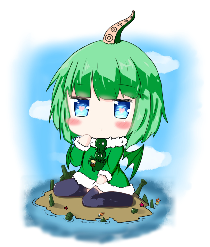 1girl :t bailingxiao_jiu black_legwear blue_eyes blue_sky blush chibi closed_mouth clouds commentary_request cthulhu cthulhu_mythos day dress fur-trimmed_dress fur-trimmed_sleeves fur_trim green_dress green_hair green_wings highres island long_sleeves looking_at_viewer no_shoes ocean outdoors pout sitting sky solo suction_cups tentacle thigh-highs wariza water wings