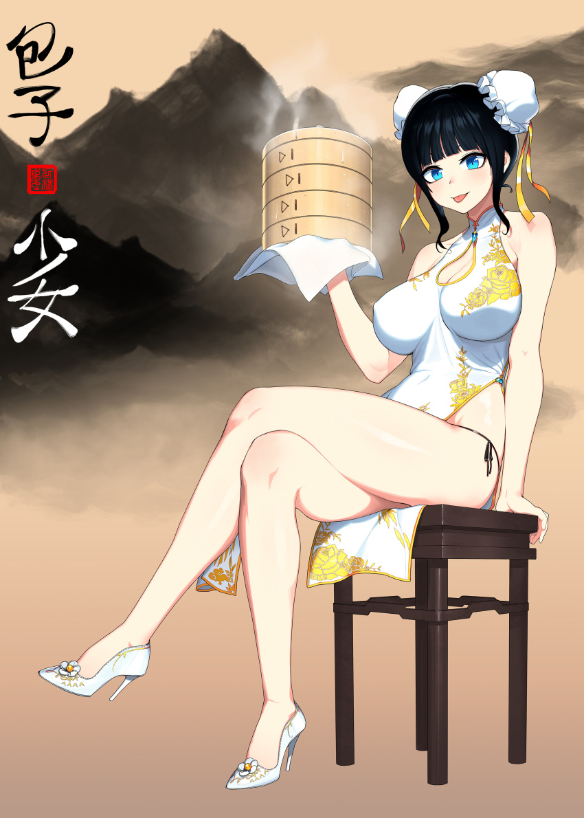 1girl :p absurdres bangs bare_arms bare_shoulders black_hair black_panties black_ribbon blue_eyes blunt_bangs blush box breasts cain_(gunnermul) china_dress chinese_clothes cleavage cleavage_cutout cloth double_bun dress floral_print frills full_body high_heels highres holding holding_box large_breasts legs_crossed looking_at_viewer mountain original panties pelvic_curtain print_dress ribbon rose_print shiny shiny_skin short_hair side-tie_panties sidelocks sitting smile solo steam stool thighs tongue tongue_out underwear water_drop white_dress white_footwear