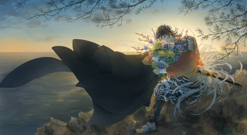 1boy armor bouquet brown_eyes brown_hair cape flower japanese_armor japanese_clothes male_focus mutsu-no-kami_yoshiyuki norishio sandals shore sitting sode solo sunset touken_ranbu tree