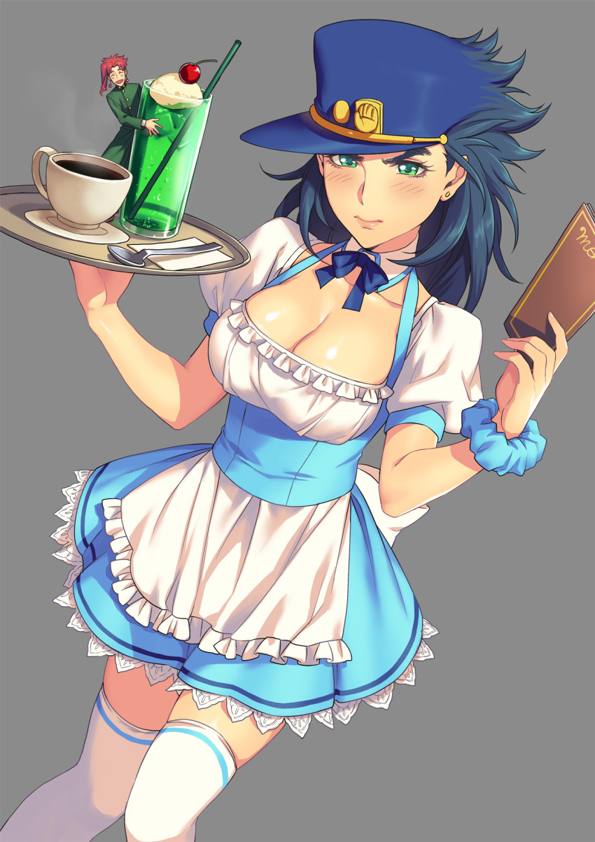 1boy 1girl :d alternate_costume apron black_hair blue_hair blue_hat blush breasts cherry cherry_earrings cleavage closed_mouth cup drinking_glass drinking_straw dutch_angle earrings embarrassed enmaided food food_themed_earrings fruit genderswap genderswap_(mtf) green_eyes grey_background hat highres holding jewelry jojo_no_kimyou_na_bouken kakyouin_noriaki kotatsu_(g-rough) kuujou_joutarou large_breasts long_hair maid menu miniboy open_mouth peaked_cap puffy_short_sleeves puffy_sleeves red_eyes redhead short_sleeves simple_background skindentation smile solo_focus spoon standing thigh-highs tray waist_apron waitress white_legwear zettai_ryouiki