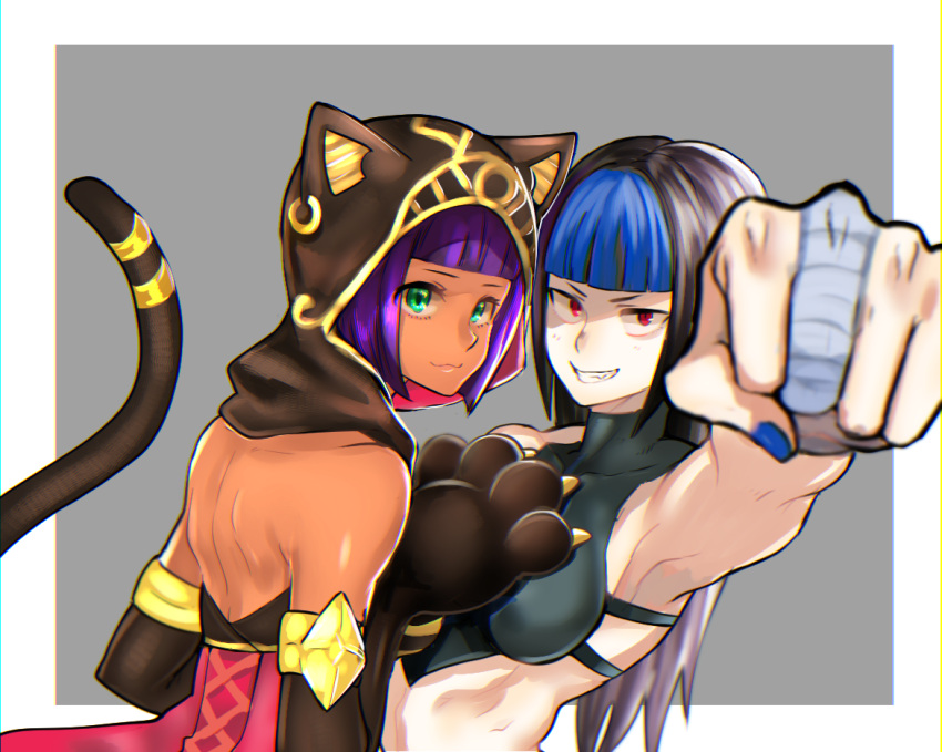 2girls alternate_costume alternate_eye_color alternate_hair_color alternate_hair_length alternate_hairstyle animal_hood armpits back bangs black_hair blue_hair blunt_bangs bob_cut cat_hood cat_paws cat_tail clenched_hand dark_skin dudou elbow_gloves evolution_championship_series eye_(mememem) fang gloves green_eyes grin han_juri hood infiltration long_hair looking_at_viewer medieval menat multiple_girls outside_border paws punching purple_hair red_eyes short_hair smile street_fighter street_fighter_iv_(series) street_fighter_v tail tail_ring