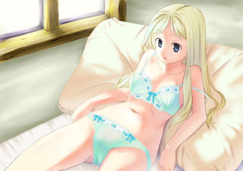 1girl bangs bed blonde_hair blue_eyes bow bow_bra bow_panties bra commentary_request crotch_seam day eyebrows_visible_through_hair green_bra green_panties highres indoors lace lace-trimmed_bra lace-trimmed_panties long_hair lying navel on_back open_mouth original panties pillow ribbon-trimmed_bra ribbon-trimmed_panties strap_slip underwear underwear_only window yayoi_hatomi