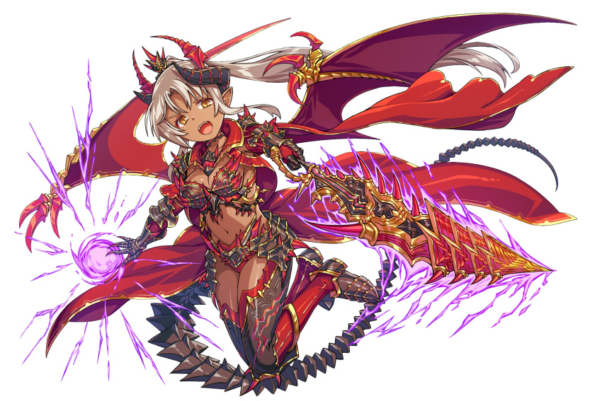1girl :d armor breasts cape choker cleavage dark_skin dragon_egg dragon_girll dragon_wings energy_ball fantasy full_body gauntlets highres horns kibanda_gohan long_hair looking_at_viewer medium_breasts midriff navel open_mouth pointy_ears polearm ponytail red_legwear sidelocks smile spear spiked_armor tail weapon white_hair wings