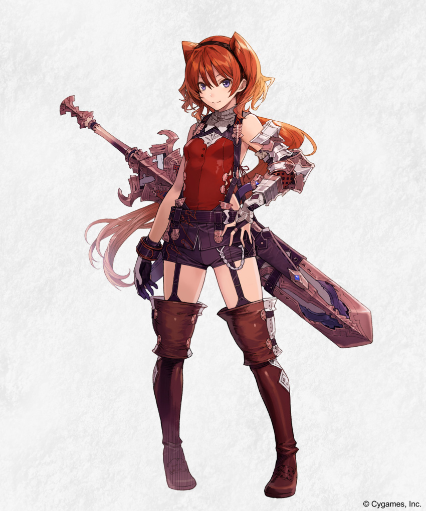 1girl armor asymmetrical_gloves boots bridal_gauntlets brown_footwear brown_legwear ezusuke full_body garter_straps gloves hairband highres huge_weapon long_hair looking_at_viewer official_art philia_(shingeki_no_bahamut) ponytail redhead sheath sheathed shingeki_no_bahamut short_shorts shorts simple_background smile solo sword thigh-highs thigh_boots violet_eyes weapon white_background