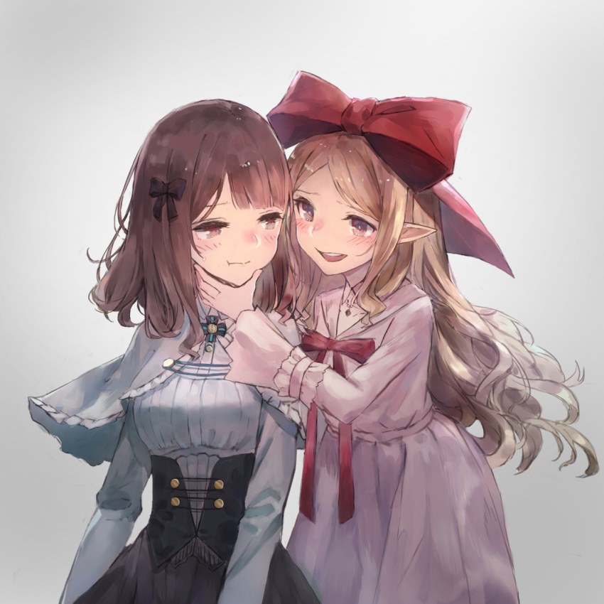 2girls :d :t arm_garter bangs black_bow black_skirt blush bow breasts brown_eyes brown_hair capelet closed_mouth dress frilled_capelet grey_background grey_capelet hair_bow hand_on_another's_chin high-waist_skirt highres kobutakurassyu large_bow leaning_forward long_hair long_sleeves looking_to_the_side medium_breasts multiple_girls open_mouth original parted_bangs pink_dress pointy_ears red_bow red_eyes shiny shiny_hair skirt smile standing sweatdrop upper_body upper_teeth very_long_hair yuri