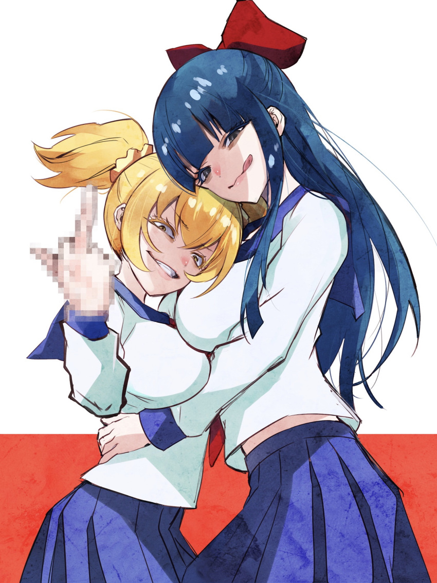 2girls arm_up blonde_hair blue_sailor_collar blue_skirt bow breasts censored clenched_teeth closed_mouth evil_grin evil_smile gesugao grin hair_bow hair_ornament hair_scrunchie half-closed_eyes hands_on_another's_waist head_tilt highres licking_lips long_hair long_sleeves looking_at_viewer medium_breasts middle_finger midriff mosaic_censoring multiple_girls one_side_up pipimi pleated_skirt poptepipic popuko qqyy8rf9k red_bow sailor_collar school_uniform scrunchie serafuku shirt sidelocks simple_background skirt smile teeth tongue tongue_out white_background white_shirt yellow_eyes yellow_scrunchie