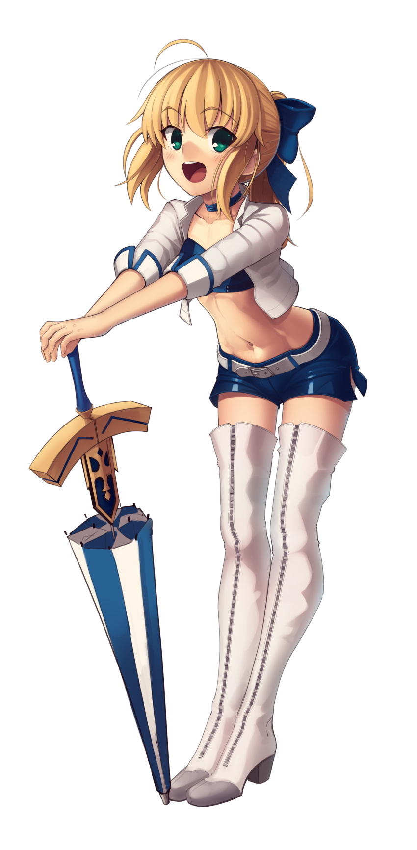 1girl absurdres ahoge artoria_pendragon_(all) blonde_hair blue_bow blue_skirt boa_(brianoa) boots bow choker commentary_request cropped_jacket excalibur fate/stay_night fate_(series) flat_chest full_body green_eyes hair_bow highres looking_at_viewer midriff open_mouth planted_umbrella polka_dot polka_dot_background ponytail racequeen saber short_shorts shorts skirt solo standing sword thigh-highs thigh_boots type-moon umbrella weapon white_background white_belt white_footwear white_legwear zettai_ryouiki