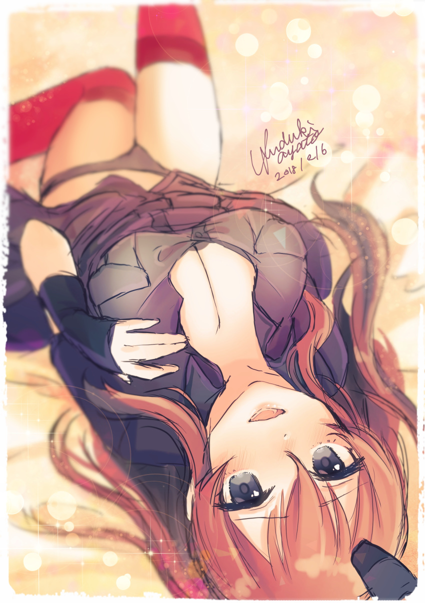 1girl absurdres belt blue_eyes breast_pocket breasts brown_hair commentary_request dress garter_straps hair_between_eyes highres kantai_collection kururuduki large_breasts long_hair looking_at_viewer lying neckerchief on_back pocket ponytail red_legwear red_neckwear remodel_(kantai_collection) saratoga_(kantai_collection) side_ponytail sidelocks smile solo