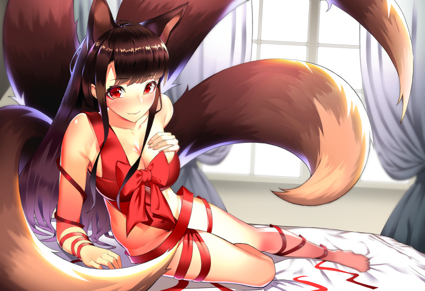 akagi_(azur_lane) animal_ears azur_lane barefoot blush breasts brown_hair cleavage curtains ddoalo fox_ears fox_tail groin highres inside long_hair looking_at_viewer naked_ribbon on_bed red_eyes ribbon smile tail valentine very_long_hair window