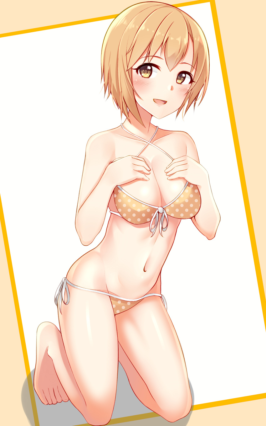 1girl absurdres bikini blush breasts brown_hair cleavage full_body h3po4_chiba hagiwara_yukiho hands_on_own_chest highres idolmaster idolmaster_cinderella_girls kneeling looking_at_viewer lowleg lowleg_bikini navel outside_border polka_dot polka_dot_swimsuit short_hair side-tie_bikini swimsuit yellow_eyes