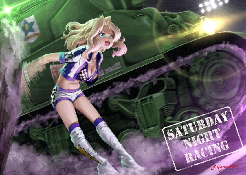 1girl :d abazu-red bikini blonde_hair blue_eyes blurry blurry_background boots breasts checkered_shirt checkered_shorts cleavage commentary_request crop_top emblem english girls_und_panzer hair_ornament jacket kay_(girls_und_panzer) leaning_forward lens_flare lighting long_hair medium_breasts motion_blur night open_mouth print_bikini print_shirt saunders_(emblem) shirt shorts smile smoke solo standing swimsuit thigh-highs thigh_boots twitter_username white_footwear white_jacket white_shorts