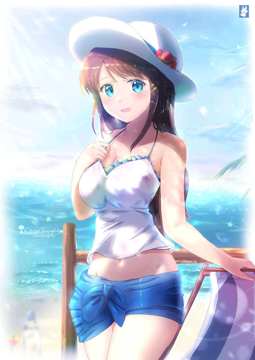 1girl :d absurdres beach black_hair blue_eyes blue_sky blurry breasts chinchongcha cleavage depth_of_field hair_ornament hairclip hat highres horizon long_hair looking_at_viewer navel ocean open_mouth original sky smile solo spaghetti_strap sun_hat