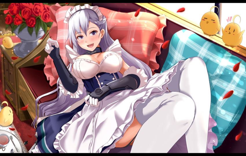 1girl :d apron azur_lane belfast_(azur_lane) bird braid chains chick collar couch flower french_braid garter_straps grey_eyes kanzaki_kureha long_hair looking_at_viewer lying maid maid_apron maid_headdress open_mouth petals pillow rose silver_hair smile white_legwear