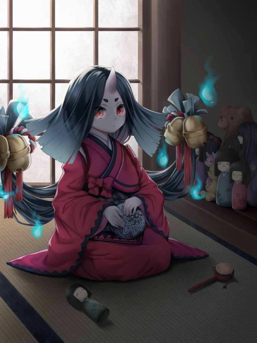 1girl ball bell black_hair doll fire highres horn japanese_clothes kimono long_hair onmyoji red_eyes seiza sitting solo zashiki-warashi_(onmyoji)