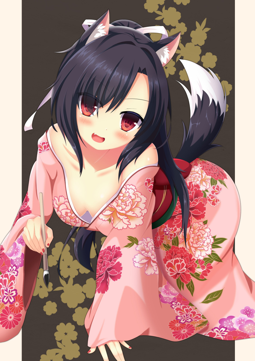 1girl absurdres animal_ears artist_request azur_lane black_hair blush breasts calligraphy_brush collarbone dog_ears dog_tail fang fingernails highres japanese_clothes kimono long_hair looking_at_viewer open_mouth paintbrush red_eyes shigure_(azur_lane) simple_background solo tail