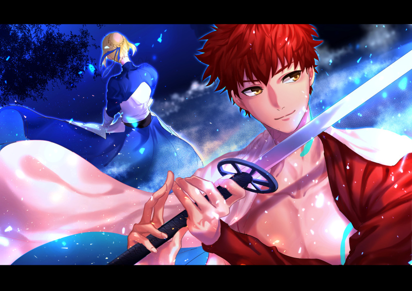 1boy 1girl armor armored_dress artoria_pendragon_(all) back blonde_hair blue_background blue_dress cape closed_mouth commentary_request dress emiya_shirou fate/grand_order fate/stay_night fate_(series) gloves glowing_tattoo highres holding holding_sword holding_weapon katana letterboxed light_smile limited/zero_over looking_to_the_side magic_circuit redhead saber short_hair single_bare_shoulder smile sword tattoo twitter_username weapon white_cape yat573 yellow_eyes
