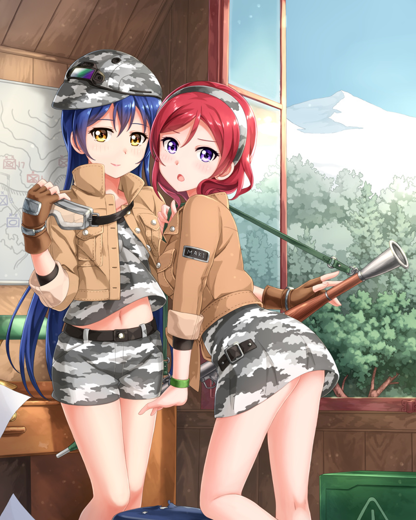 2girls :o belt blue_hair brown_gloves camouflage camouflage_hairband camouflage_hat camouflage_shirt camouflage_shorts camouflage_skirt character_name fingerless_gloves gloves gun hairband hat highres jacket kneepits long_hair looking_at_viewer love_live! love_live!_school_idol_project map mountain multiple_girls navel nishikino_maki open_mouth redhead short_hair shorts skirt smile solo sonoda_umi tree tucana very_long_hair violet_eyes weapon yellow_eyes