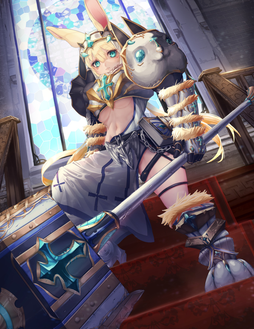 1girl absurdres animal_ears asymmetrical_clothes blonde_hair book boots breasts cross fur_trim green_eyes hammer highres looking_at_viewer navel original panamuru rabbit_ears shoulder_pads stained_glass under_boob