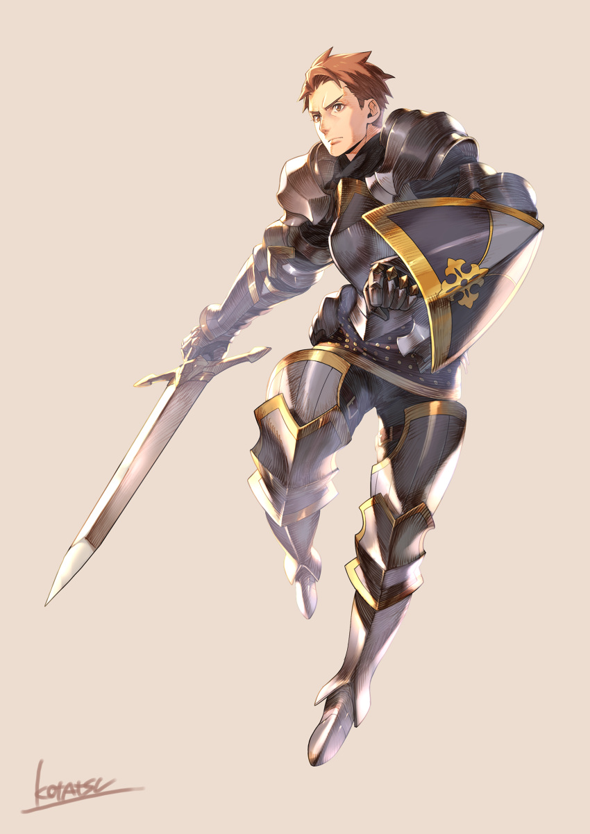 1boy boots breastplate brown_eyes brown_hair closed_mouth full_body gauntlets greaves grey_background highres holding holding_sword holding_weapon knight kotatsu_(g-rough) male_focus original pauldrons shield signature simple_background solo standing standing_on_one_leg sword weapon