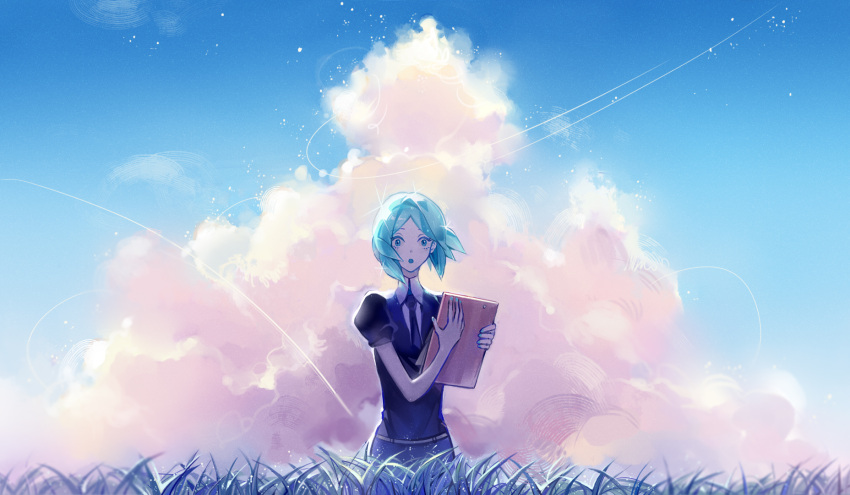 androgynous aqua_eyes aqua_hair blue_eyes blue_hair blue_sky clipboard clouds gem_uniform_(houseki_no_kuni) grass highres houseki_no_kuni longyu looking_at_viewer necktie phosphophyllite scenery short_hair sky solo sparkle