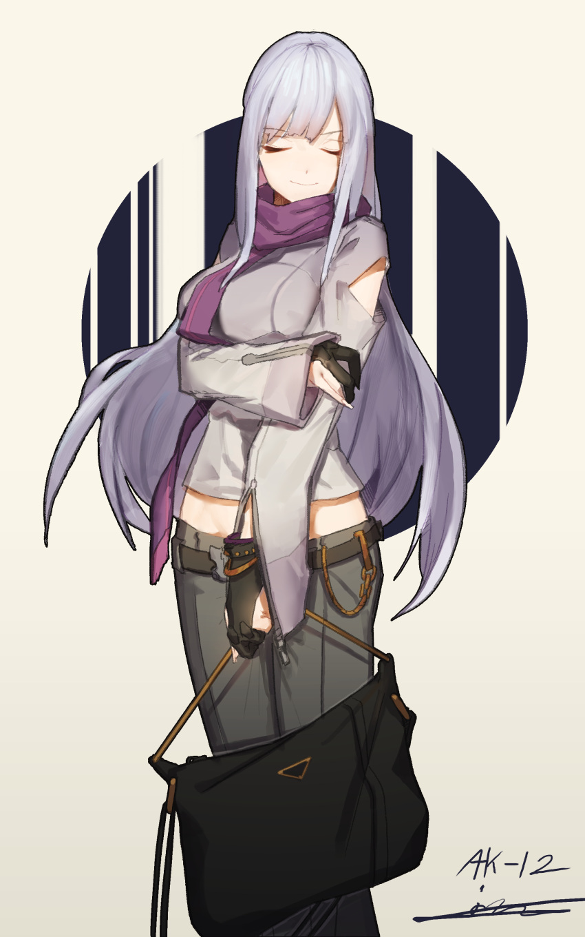 1girl absurdres ak-12_(girls_frontline) alternate_costume arm_across_waist arm_cutout bangs beige_background black_bag black_gloves black_pants braid breasts casual character_name closed_eyes closed_mouth cowboy_shot eyebrows_visible_through_hair french_braid girls_frontline gloves grey_jacket hand_on_own_arm highres holding holding_bag jacket junexp long_hair long_sleeves medium_breasts midriff pants partly_fingerless_gloves purple_scarf ribbon scarf sidelocks signature silver_hair simple_background sleeves_past_wrists smile solo very_long_hair