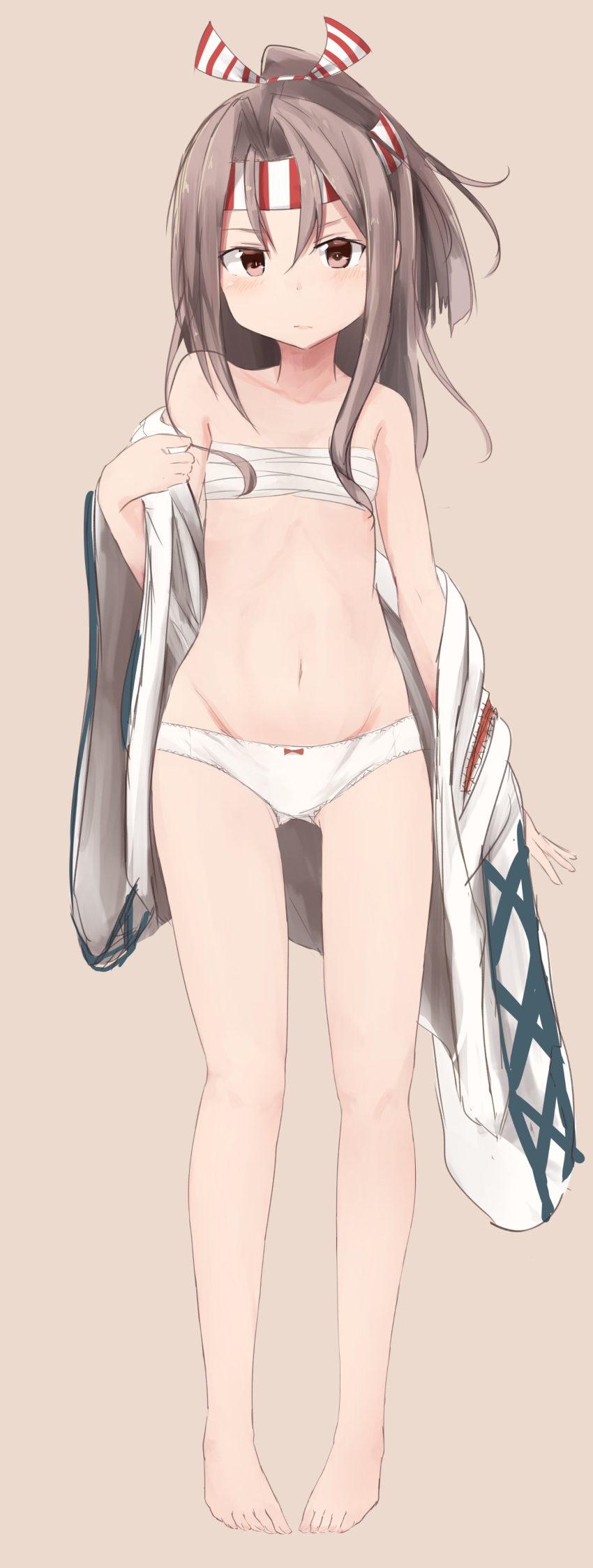 1girl absurdres bare_shoulders barefoot blush bow bow_panties brown_eyes flat_chest full_body gluteal_fold grey_background groin hachimaki headband high_ponytail highres japanese_clothes kantai_collection kimono light_brown_hair long_hair looking_at_viewer navel off_shoulder panties sarashi simple_background solo standing underwear undressing white_panties yuki_(yukin0128) zuihou_(kantai_collection)