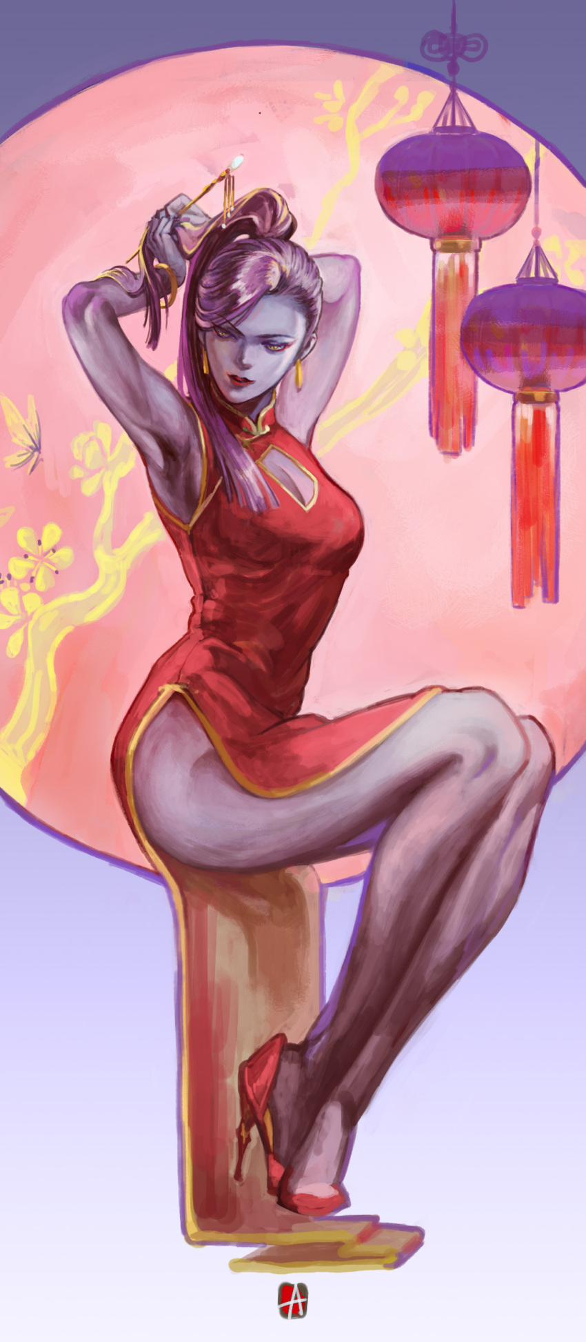 1girl a802 absurdres adjusting_hair breasts chinese_new_year cleavage cleavage_cutout commentary dress earrings eyeliner hair_ribbon highres jewelry lipstick long_dress makeup medium_breasts overwatch purple_hair purple_skin red_dress ribbon side_slit solo updo widowmaker_(overwatch) yellow_eyes