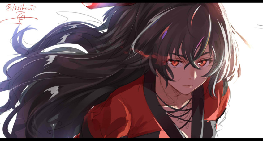 1girl artist_name bangs black_hair closed_mouth hair_between_eyes isshiki_(ffmania7) letterboxed lips long_hair looking_at_viewer raven_branwen red_eyes rwby sidelocks signature solo twitter_username upper_body very_long_hair